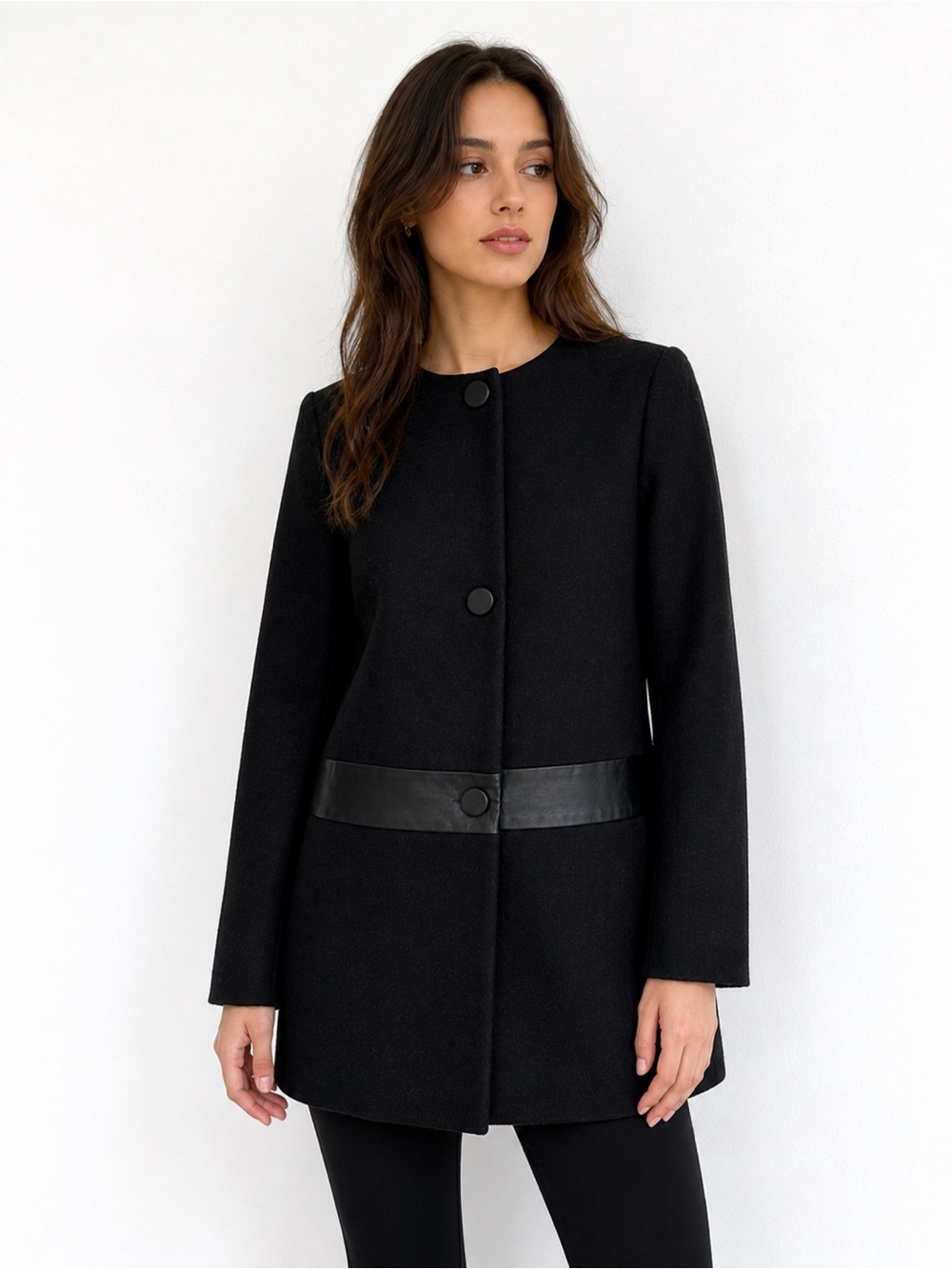 Club Monaco Black Coat with Leather Waist Detail Tailored Minimalist Jacket